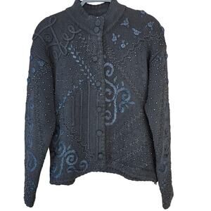 vtg L.N.I. 90s 80s Beaded Snap Front Cardigan M/L Black momcore office Floral